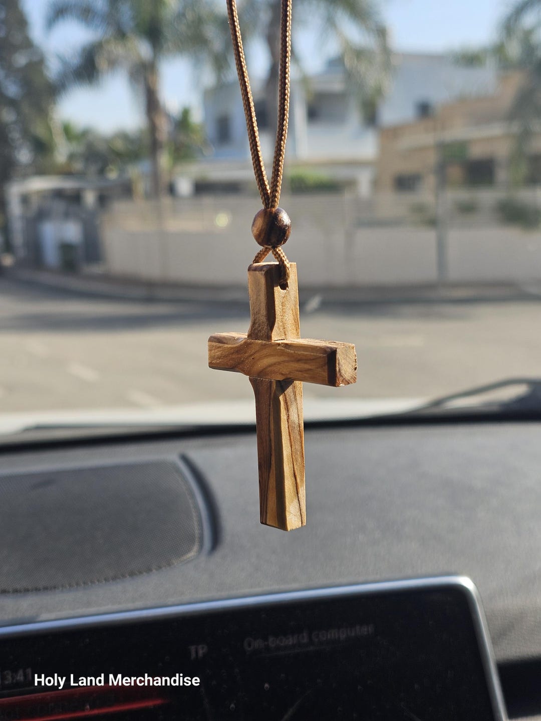 Handmade 7cm Olive Cross Car Charm, Religious Rearview Mirror