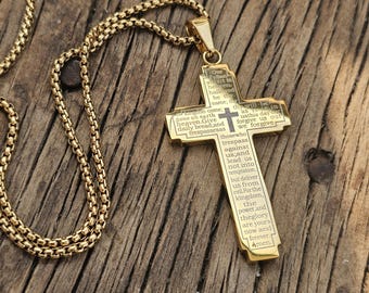 Men's gold cross necklace – 60cm Chain, 6cm Cross – Stainless Steel Faith Jewelry - Lord’s Prayer