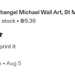 May include: A digital product listing for Archangel Michael wall art featuring a thumbnail image of a framed painting of the figure, accompanied by a five-star rating, the text Can't wait to print it, and the reviewer name susan navarro dated Aug 5.