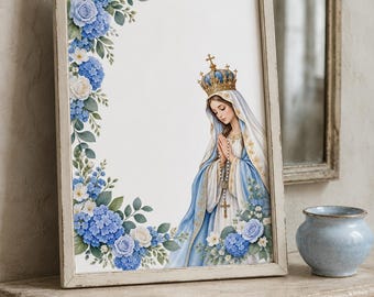 Crowned Virgin Mary Watercolor Print, Blue Floral Marian Catholic Wall Art, Rosary Digital Download