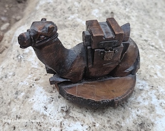 Vintage Hand-Carved Wooden Camel Inkwell | Desert Desk Decor | Folk Art Camel with Cargo Saddle | Unique Vintage Gift for Him