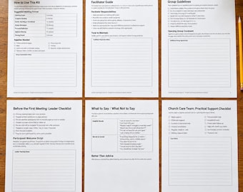 May include: Six white printed pages of a grief support kit arranged on a wooden surface. The documents include a facilitator guide, group guidelines, leader checklists, and care team support checklists with black text and checkboxes.