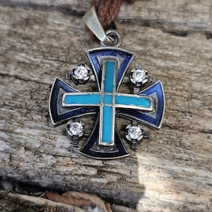 Vintage Jerusalem Cross Pendant: Turquoise Inlay, 925 Sterling Silver
