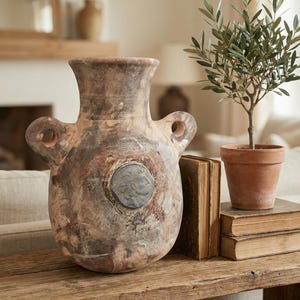 Puede incluir: Un jarrón grande de terracota desgastada con dos asas y un emblema circular. El jarrón se exhibe sobre una mesa de madera rústica, junto a un pequeño olivo en maceta y varios libros antiguos. El jarrón mide unos 46 cm de altura.