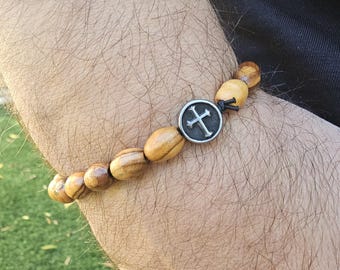 Custom size - Handmade Man bracelet - 8mm oval olive wood beads with Cross