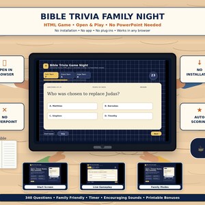 May include: A digital Bible trivia game interface displayed on a tablet. The screen shows a question about Judas with multiple-choice answers. The game is advertised as family-friendly, with features like auto-scoring and printable bonuses. The text reads "Bible Trivia Family Night".