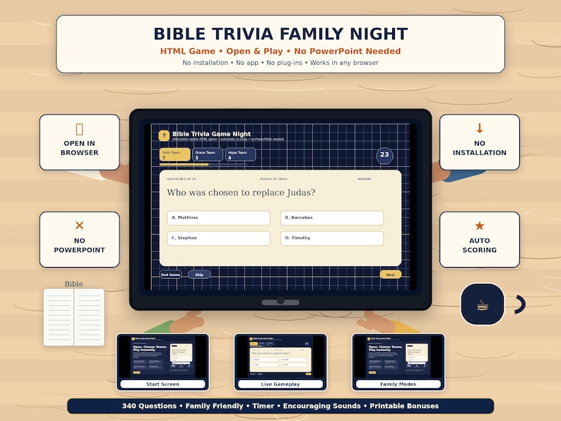 May include: A digital Bible trivia game interface displayed on a tablet. The screen shows a question about Judas with multiple-choice answers. The game is advertised as family-friendly, with features like auto-scoring and printable bonuses. The text reads "Bible Trivia Family Night".