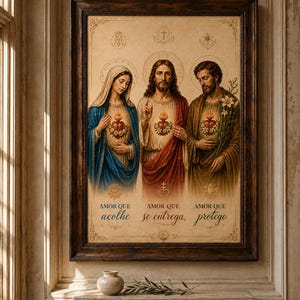 May include: A framed religious wall art print depicting the Holy Family with the Virgin Mary, Jesus, and Saint Joseph. Each figure features a sacred heart and halo. The text below reads: AMOR QUE acolhe, AMOR QUE se entrega, AMOR QUE protege.