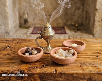 Incensario de latón (11 cm) y 100 g de mezcla de resina etíope / Juego de incensario cristiano tradicional / Regalo de Tierra Santa