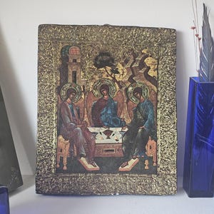 Vintage Trinity Icon Plaque • Rublev “Hospitality of Abraham” Reproduction • Embossed Gilt Border • Russian-Style Orthodox Wall Hanging