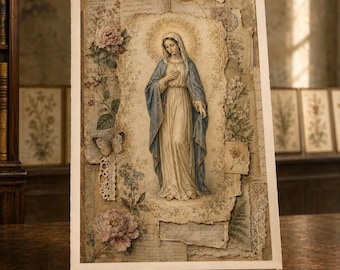Virgin Mary Printable Wall Art, Vintage Botanical Catholic Collage, Blessed Mother Marian Art, Antique Devotional Digital Download