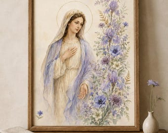 Virgin Mary Watercolor Print: Marian Botanical Wall Art, Catholic Prayer Room Digital Download