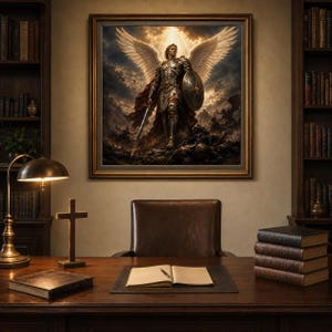 May include: A framed wall art print depicting a winged warrior in metallic armor holding a sword and shield, standing amidst a dark, stormy battlefield. The artwork is displayed in a study with a wooden desk, a lamp, a cross, and books.