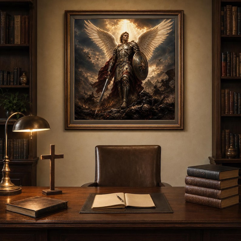 May include: A framed wall art print depicting a winged warrior in metallic armor holding a sword and shield, standing amidst a dark, stormy battlefield. The artwork is displayed in a study with a wooden desk, a lamp, a cross, and books.