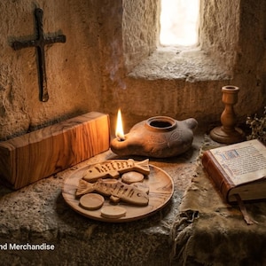 May include: A rustic scene featuring a wooden cross, a lit oil lamp, and a wooden block. A plate with fish-shaped carvings and a book with red leather cover are also present. The scene is illuminated by a window, creating a warm, inviting atmosphere.