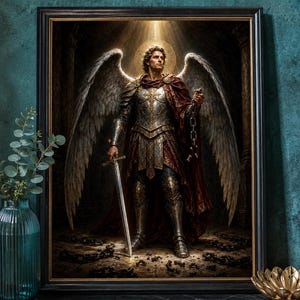 May include: A framed wall art print depicting a winged figure in ornate metallic armor and a deep red cloak. The figure holds a long sword in one hand and a heavy metal chain in the other, standing amidst scattered broken chains in a dark setting.