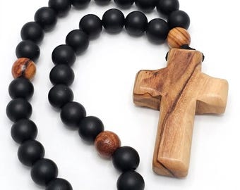 Schwarzes Onyx 33 Perlen Gebetsseil, Bethlehem Kreuz aus Olivenholz, Orthodont Chotki Komboskini, Christlicher Rosenkranz im Heiligen Land, Jesus Gebetskette