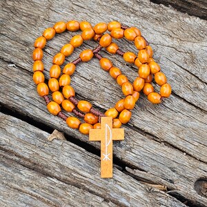 Rosary necklace handmade 8mm wood beads and wood cross Can be worn Light brown color