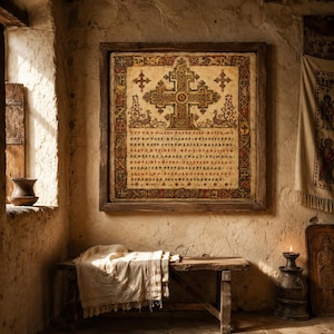 May include: A square framed wall art piece featuring an intricate golden cross at the top, flanked by two birds, and a large section of ancient Ge'ez script below. The artwork is rendered in warm earth tones, including shades of brown, gold, and cream.