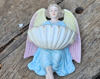 Religious antique French Holy water font stoup ceramic with guardian Angel from  The Holy land Only one item for sale