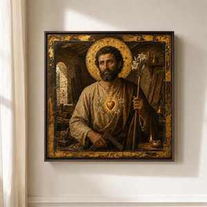 May include: A framed wall art print depicting a bearded man in a workshop setting, holding a staff topped with white lilies. He wears a light-colored tunic with a glowing golden heart emblem on the chest, set against a dark, textured background.