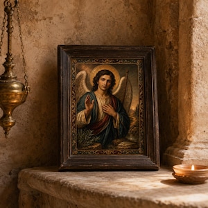 May include: A framed painting depicting an angel with dark hair, large wings, and a golden halo, wearing blue and red robes. The angel holds a staff and raises one hand in a gesture. The frame is dark wood with intricate gold-toned decorative details.