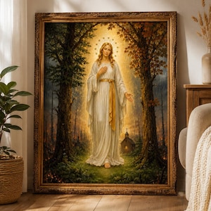 May include: A framed wall art print depicting a figure with long blonde hair wearing a flowing white gown with a gold sash, standing in a forest between two large trees. A glowing halo surrounds the head, and a small building is visible in the background.