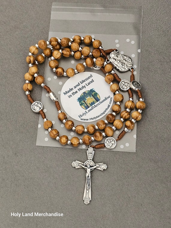 Chapelet Bois D'Olivier Terre Sainte - Médaille & Croix Métal - 50 Cm