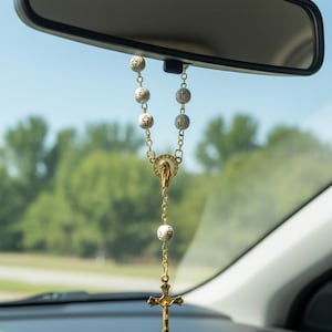 Wooden Beads Car Rosary with 8mm Beads – Christian Cross Charm for Rear View Mirror, Car Accessories & New Car Gift