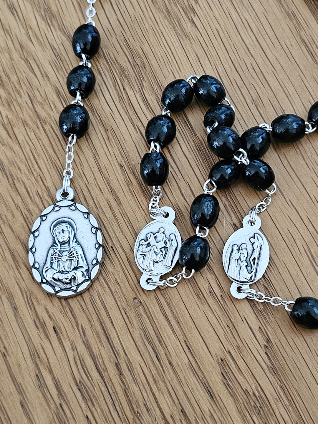 Seven Sorrows Of Mary Rosary Chaplet - Coffee Wood Beads With Cross Necklace