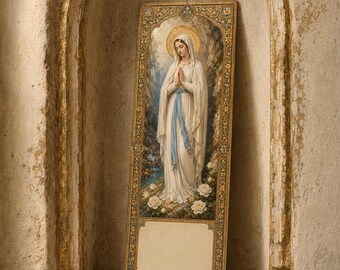 Our Lady of Lourdes Bookmark Printable, Vintage Catholic Marian Art, 2x6 Virgin Mary Bookmark, Instant Digital Download