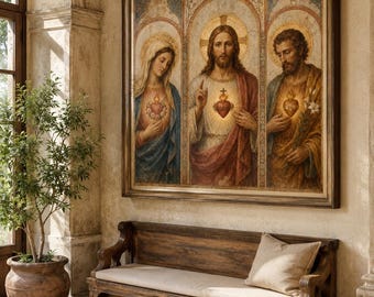 Three Hearts of the Holy Family Print, Jesus Mary Joseph Catholic Wall Art, Sacred Hearts Fresco, Christian Digital Download