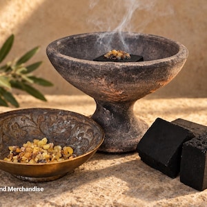 Pode incluir: Um queimador de incenso de argila escura e texturizada sobre um pedestal com um disco de carvão aceso emitindo fumaça, uma pequena tigela de latão com incenso de resina e três cubos de carvão preto. O texto "Holy Land Merchandise" é visível.