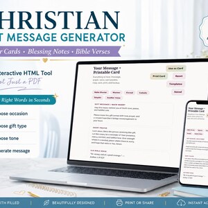 May include: A laptop and smartphone displaying a Christian gift message generator. The screen shows options for prayer cards, blessing notes, and Bible verses. The text reads "Create the Right Words in Seconds" with options to choose occasion, gift type, tone, and generate message.