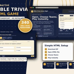 May include: A digital Bible trivia game interface with the text "Interactive Bible Trivia HTML Game." The game features 340 questions, automatic scoring, and a timer. The interface displays questions and answer choices, with a simple HTML setup.