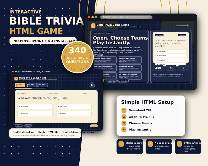 May include: A digital Bible trivia game interface with the text "Interactive Bible Trivia HTML Game." The game features 340 questions, automatic scoring, and a timer. The interface displays questions and answer choices, with a simple HTML setup.