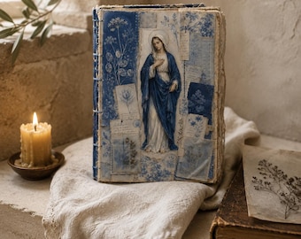 Virgin Mary Cyanotype Junk Journal Printable, Indigo Botanical Catholic Art