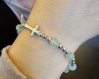 Real Aventurine Gemstone Stretch Bracelet with Cross • Beaded Elastic Bracelet • Green Gemstone Jewelry • Christian Gift for Men & Women