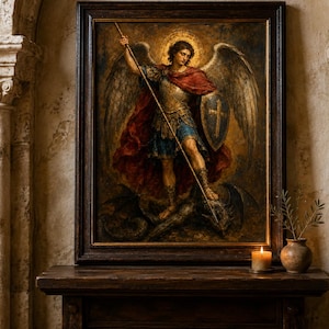 May include: A framed oil painting depicting a winged figure in golden armour holding a long spear and a shield with a cross, standing over a dark creature. The figure wears a red cloak and has a glowing halo. The artwork is set in a dark wooden frame.