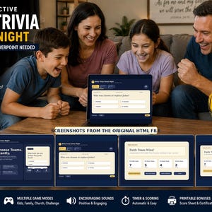 May include: A family is playing a Bible trivia game on a laptop. The image shows the game interface and screenshots. Text includes "Interactive Bible Trivia Game Night" and "Instant Digital Download."