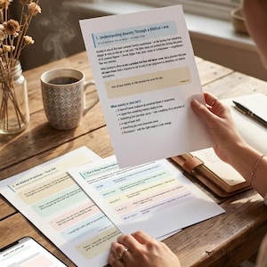 Op de afbeelding: Een persoon houdt een document vast met de titel "Angst begrijpen door een Bijbelse lens". Andere documenten en een smartphone liggen op een houten tafel. Een kopje koffie en een vaasje met gedroogde bloemen staan ook op de tafel.