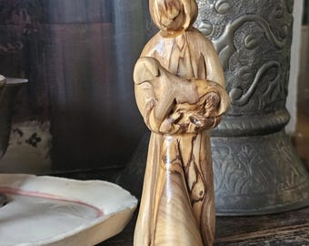 14 cm handgesneden olijfhouten beeld "de goede herder kunst" goede herder decoratief