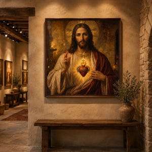 May include: A framed oil painting depicting a figure with long brown hair and a beard, wearing a white robe and red cloak. The figure has a glowing, thorn-encircled heart on the chest and a golden halo, with one hand raised in a gesture of blessing.