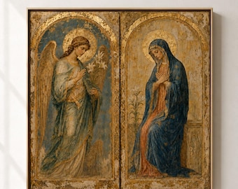 May include: A diptych wall art piece featuring two arched panels with gold leaf detailing. The left panel depicts an angel with wings holding white lilies. The right panel shows a figure in a blue robe with hands crossed over the chest.