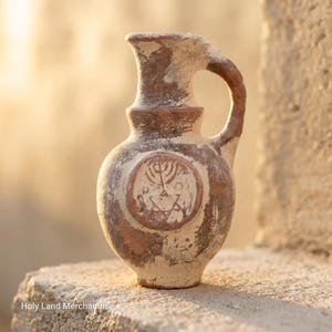 May include: A small, weathered clay jug with a single handle and a narrow neck. The surface features a circular medallion embossed with a menorah symbol. The vessel has a rustic, mottled brown and beige finish with visible signs of age.