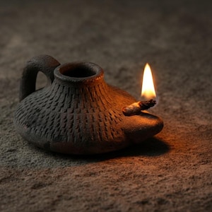 Biblical Clay Oil Lamp + Olive Oil Bottle – Handmade Holy Land Set – Ancient-Style