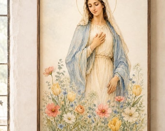 Virgin Mary Botanical Watercolor Print, Blessed Mother Floral Catholic Wall Art, Digital Download