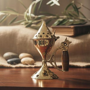 Personalized Brass Incense Burner with Wood Handle & Holy Land Incense