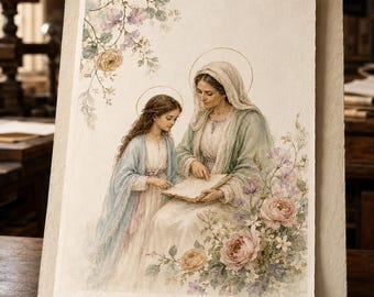Saint Anne Teaching Mary Watercolor, Catholic Botanical Wall Art, Education of the Virgin Printable