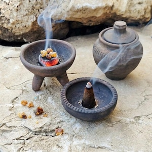 Biblical Qumran Style Clay Jar Set with Dual Incense burner Bowl - 30 grams of myrrh and frankincense incense